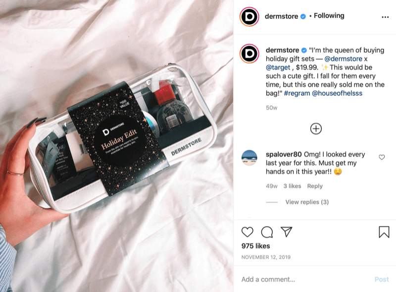 пример сезонного подарка @dermstore, найденного и опубликованного в посте Instagram, с указанием цены продажи и отметкой @target, где происходит продажа