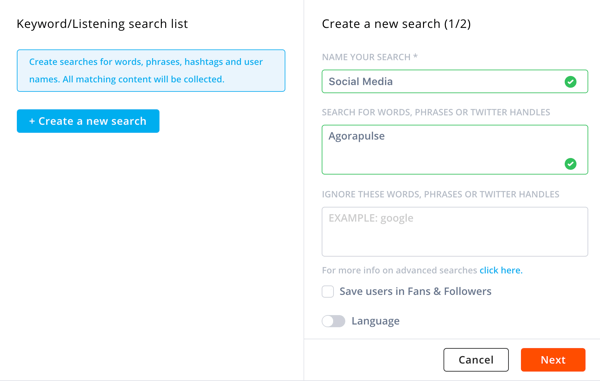 Как использовать Agorapulse для прослушивания социальных сетей, подробности поиска на шаге 3.