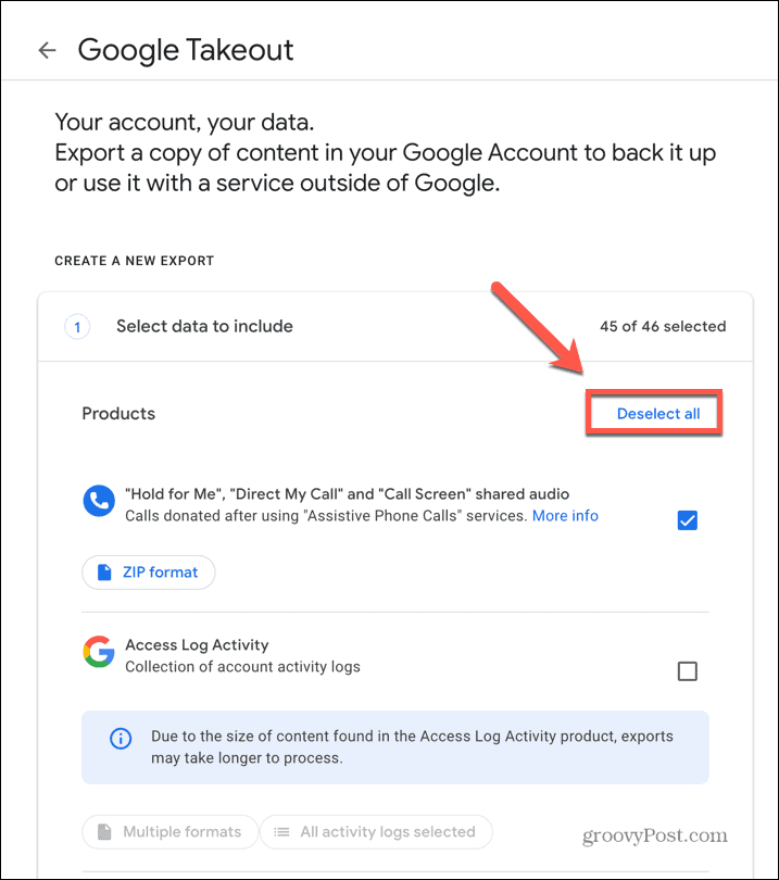 Google Takeout отменить выбор