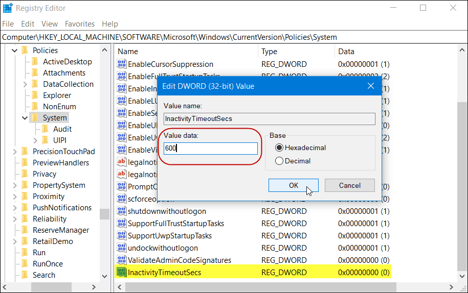 InactivityTimeoutSecs Registry Windows 10 Домашняя версия