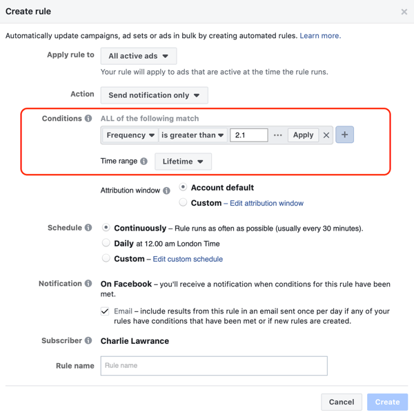 Использовать автоматические правила Facebook, уведомление при частоте показа рекламы выше 2,1, шаг 2, настройки условий