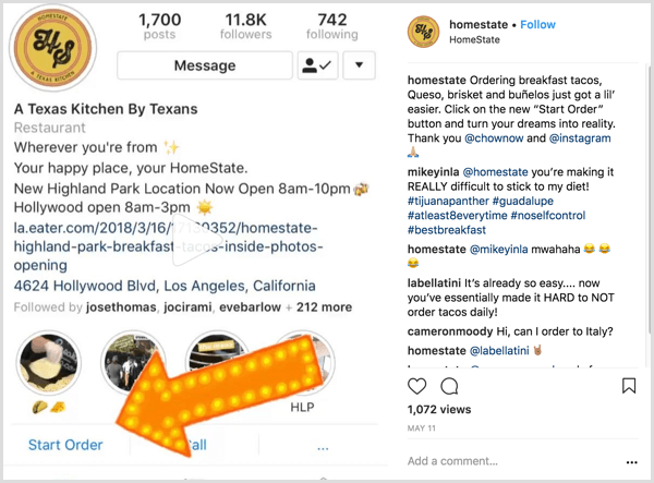 пример бизнес-поста в Instagram, который показывает пользователям, как использовать кнопку действия «Начать заказ»