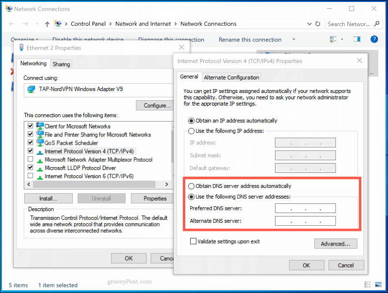 Окно настроек DNS для сетевого подключения в Windows 10