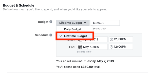 Советы по снижению затрат на рекламу в Facebook, возможность установить бюджет кампании на пожизненный бюджет