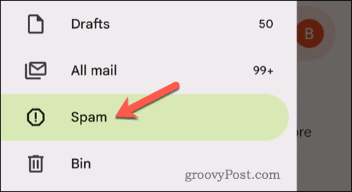 Откройте папку со спамом Gmail в мобильном приложении.