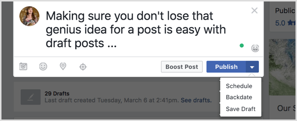 Сохраните свой пост в Facebook как черновик.