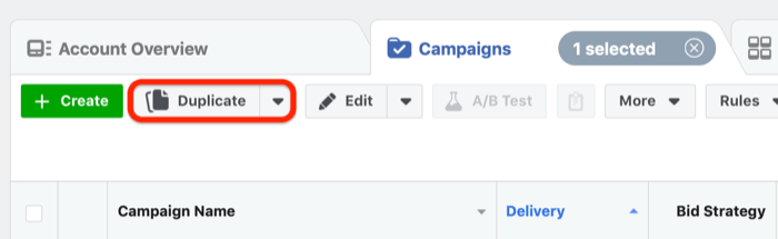 Кнопка "Дублировать" в Facebook Ads Manager