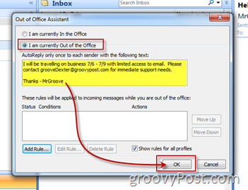 Включить автоответчик Microsoft Outlook Out of Office Assistant