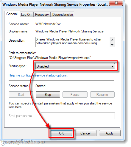 Тип запуска Windows Media Player отключен