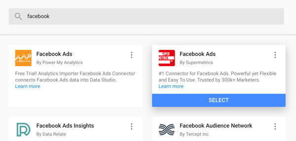Используйте Google Data Studio для анализа вашей рекламы в Facebook, шаг 4, возможность использовать коннектор Facebook Ads от Supermetrics в качестве источника данных