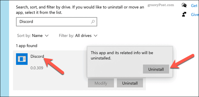 Удаление Discord из Windows 10