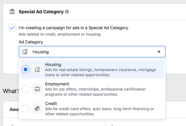 Параметры специальной категории рекламы Facebook в раскрывающемся меню категории рекламы