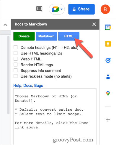 Преобразование в HTML с помощью Docs to Markdown в Google Docs