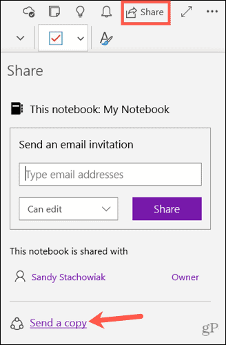 Отправить копию заметки в OneNote для Windows 10