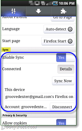 Firefox синхронизирован с телефоном Android
