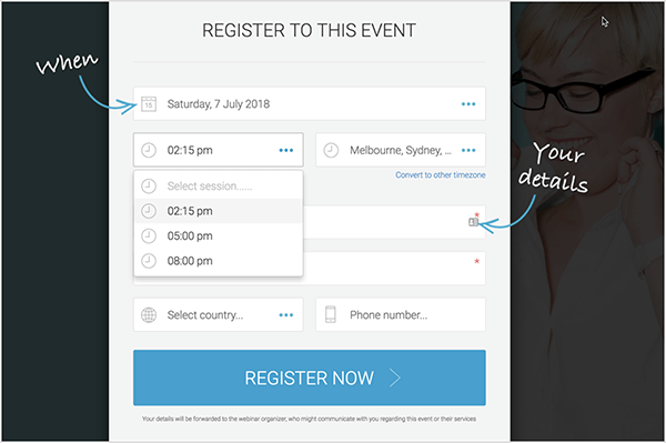 Эндрю Хаббард использует постоянно обновляемый веб-семинар, чтобы потенциальные клиенты могли выбрать удобное время для регистрации. Эта регистрационная форма позволяет пользователям выбирать время: 11:45, 14:00 или 17:00.