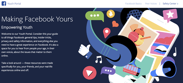Facebook запустил Молодежный портал, центральное место для подростков, которое включает аккаунты от первого лица подростков со всего мира. советы о том, как ориентироваться в социальных сетях и Интернете, а также советы о том, как контролировать и максимально использовать их опыт Facebook.