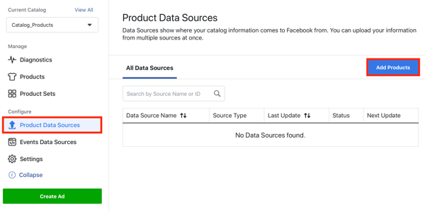 Используйте инструмент настройки событий Facebook, шаг 22, пункт меню, чтобы добавить продукты через вкладку источников данных продуктов в Facebook.