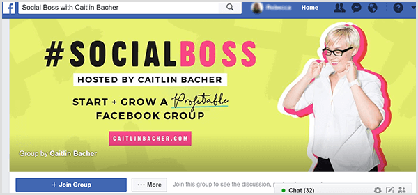 На обложке группы Facebook Social Boss, размещенной Кейтлин Бачер, есть желтый фон, розовые акценты на тексте и фотография Кейтлин, поднимающей воротник рубашки.