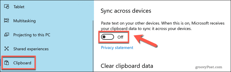 Включить синхронизацию с облачным буфером обмена в Windows 10