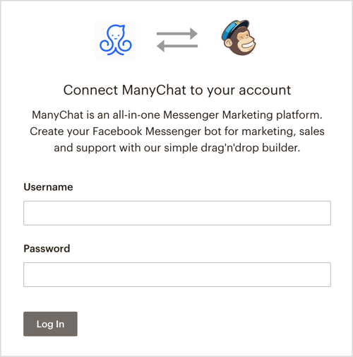 Войдите в свою учетную запись MailChimp через ManyChat.