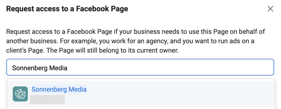 изображение экрана запроса доступа к странице Facebook в Meta Business Manager