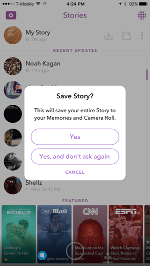 Нажмите Да, чтобы сохранить историю Snapchat.