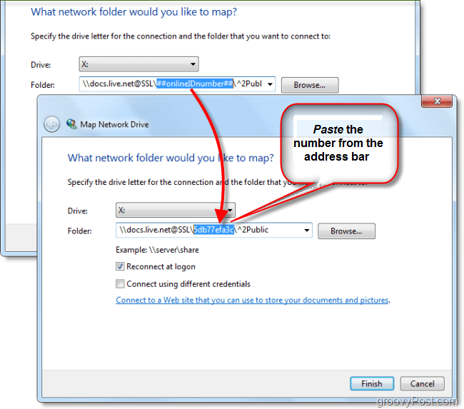 вставьте свой Windows Live ID в карту сетевого диска