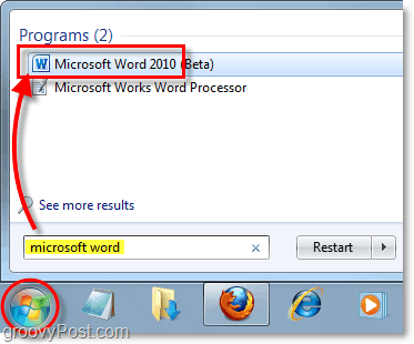 запустить Microsoft Word 2010 в Windows 7