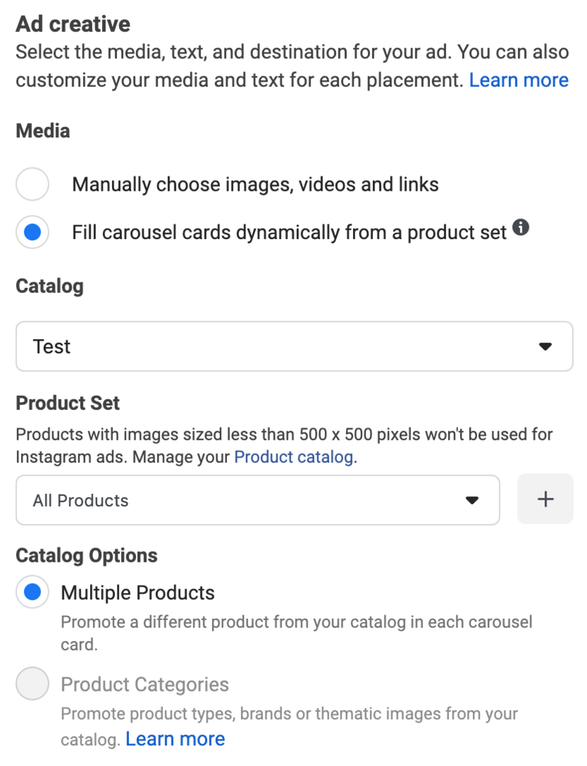 изображение динамического заполнения карусельных карточек из набора продуктов, выбранного во время настройки рекламы Facebook