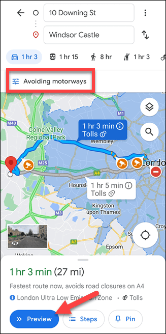 Мобильный маршрут Google Maps без автомагистралей