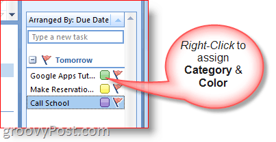 Панель задач Outlook 2007 - щелкните правой кнопкой мыши задачу, чтобы выбрать цвета и категорию