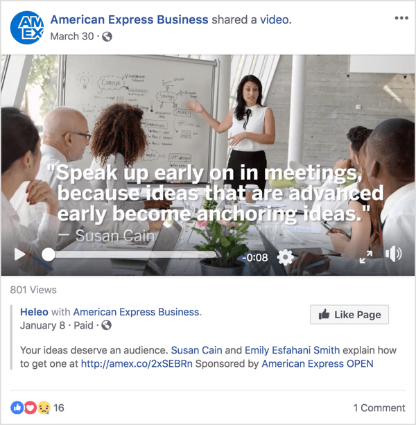 В этой рекламе American Express Business на Facebook изображена Сьюзан Кейн, известный эксперт по лидерству и менеджменту, получившая известность благодаря недавнему выступлению на TED Talk.