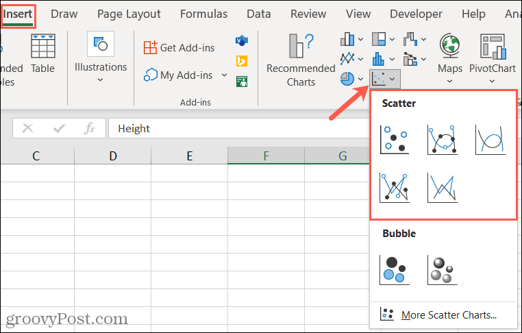 Вставить точечную диаграмму в Excel