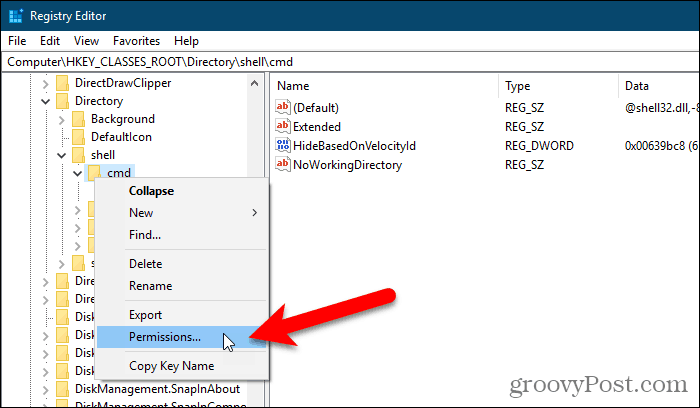 Выберите Разрешения для ключа в Редакторе реестра Windows.