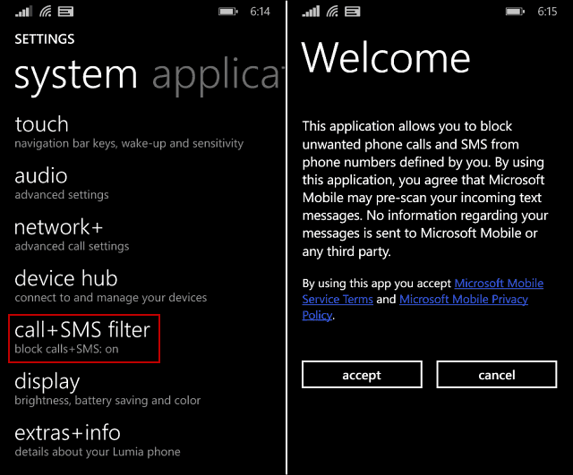 Блокировка нежелательных телефонных звонков и SMS на Windows Phone 8.1
