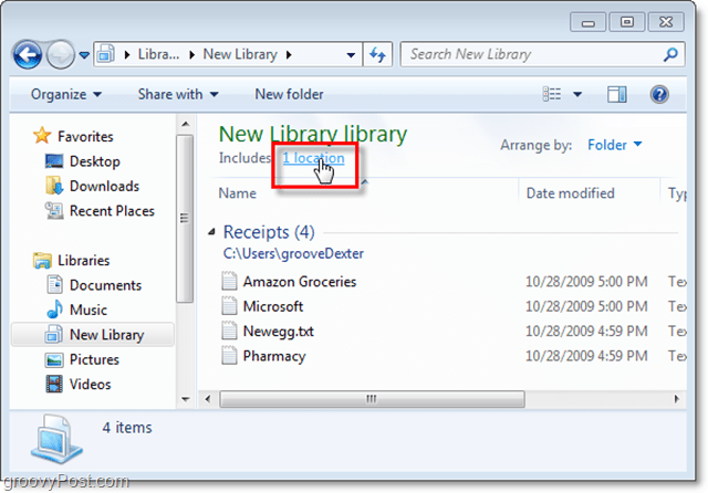 нажмите на ссылку местоположения, чтобы установить добавление новых мест в библиотеку Windows