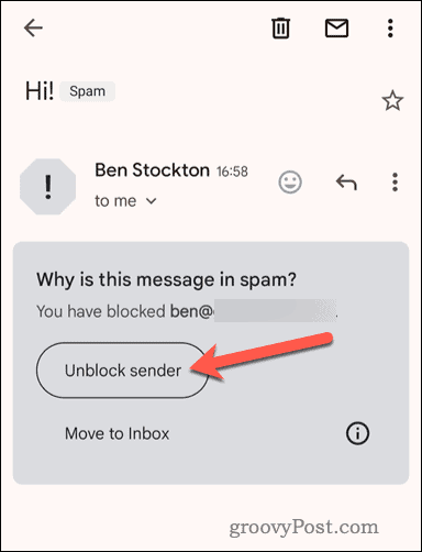 Разблокируйте заблокированного отправителя в мобильном приложении Gmail