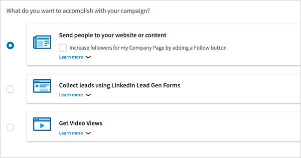 Выберите цель кампании для видеорекламы в LinkedIn.