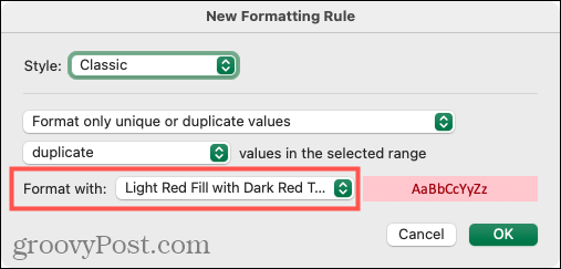 Выберите форматирование для дубликатов в Excel на Mac