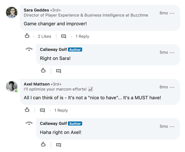Комментарии участников LinkedIn к публикации Callaway Golf
