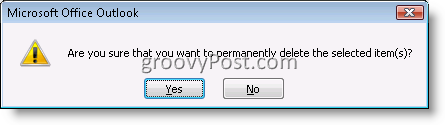 Окно подтверждения Outlook для окончательного удаления элемента электронной почты 