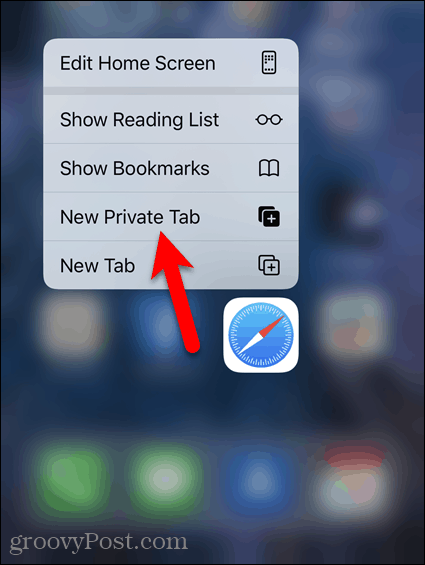 Нажмите и удерживайте значок Safari и нажмите «Новая личная вкладка».