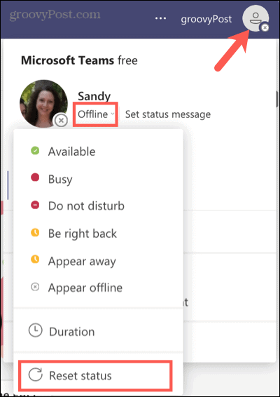 Сбросить свой статус в Teams