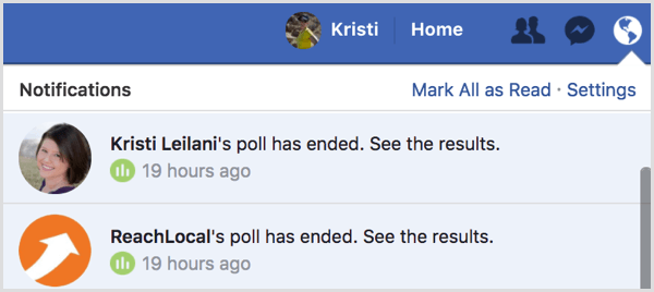 Уведомление о результатах голосования в Facebook