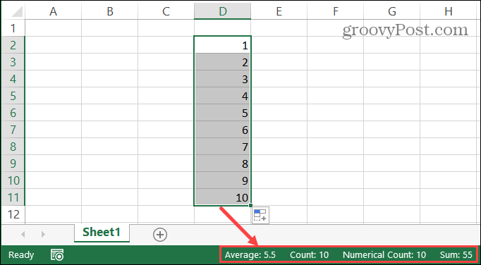 Строка состояния Excel для выбранных ячеек