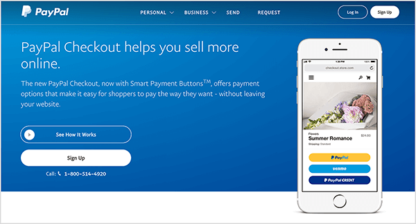 Это снимок экрана веб-страницы службы PayPal Checkout. Он имеет синий фон и белый текст. Заголовок гласит: «PayPal Checkout помогает вам продавать больше в Интернете». Под заголовком появляются две кнопки: синяя с надписью See How It Работает и белый с надписью «Зарегистрироваться». Справа изображение смартфона с функцией PayPal Checkout на мобильном телефоне. интернет сайт.