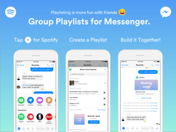 Spotify расширил функциональные возможности своего бота Messenger, чтобы группы могли создавать плейлисты непосредственно из приложения Messenger.