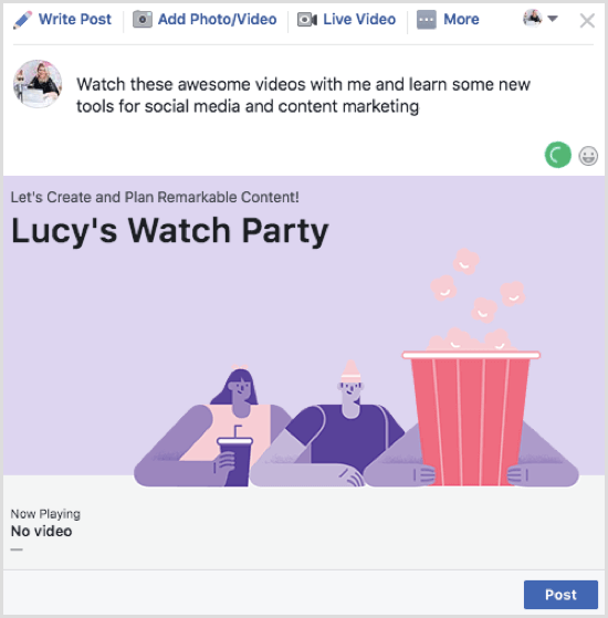 Нажмите «Опубликовать», чтобы опубликовать свой пост на Facebook Watch Party.