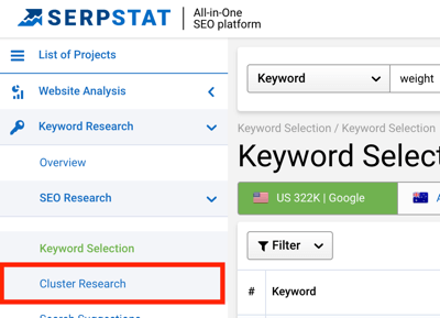 Выберите Cluster Research на левой панели, чтобы получить доступ к инструменту в Serpstat.